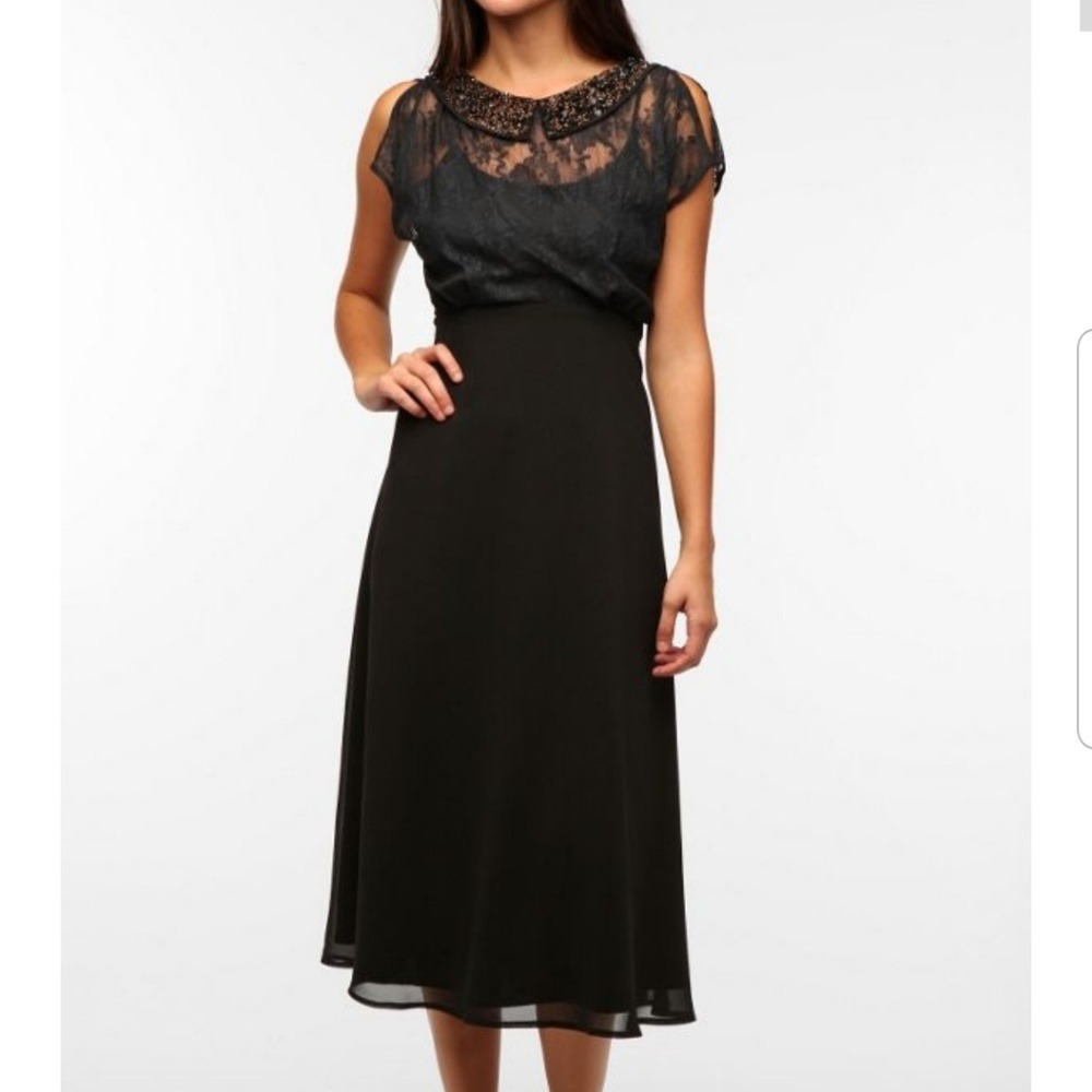 Pins and Needles Lace Midi Dress Women 8 Black Beaded Collar V-Back